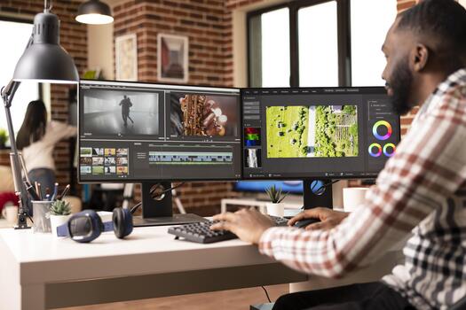 Black male vfx artist works remotely at desk, mixing and adding visual effects to clips. Creative african american editor using dual monitors for efficient post production workflow. photo