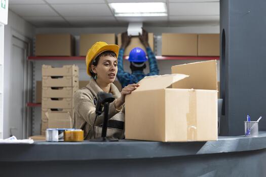 Team of workers handling manufacturing process and scanning orders. Factory operations depending on accurate system registration, for the shipment service and logistics management. photo