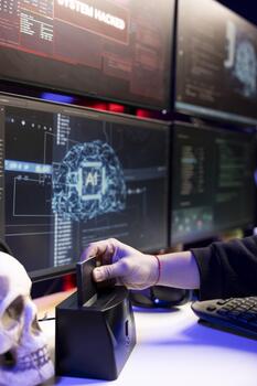 Close up of hacker extracting military secrets data from secure digital systems using SSD device. Rogue programmer uploading storage device on PC, running espionage software photo