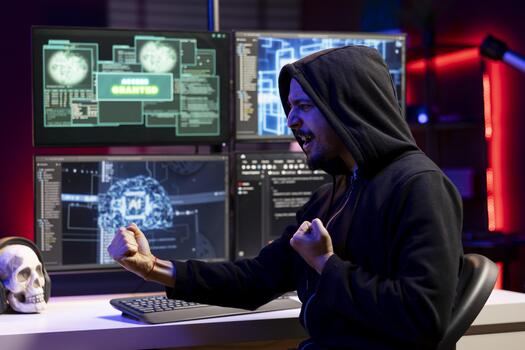 contento pícaro software desarrollador consiguiendo acceso concedido mensaje después utilizando ai malware indetectable por antivirus alegre hacker celebra incumplimiento cortafuegos seguridad utilizando datos minería guión foto