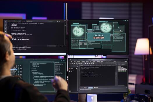 Cybercriminal getting access denied message when trying to infiltrate malware past security. Hacker failing to make script able to hide malicious code from detection systems, getting attack rejected photo