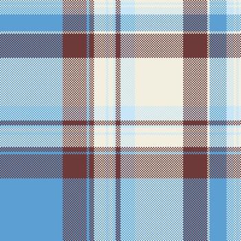 Pixelated plaid pattern with blue and brown hues. Retro textile design evokes vintage warmth. Ideal for backgrounds, crafts, or web design projects. vector