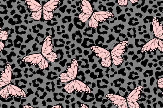 Pink butterfly elegance on dark leopard print seamless pattern for background vector