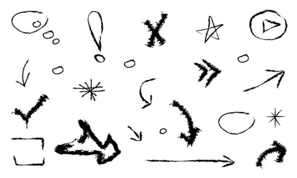 Hand-Drawn Sketchy Annotation Symbols and Arrows Set. Quick UI Marks, Icons and Visual Note Elements vector