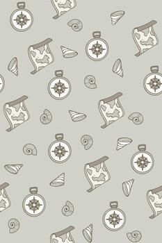 Seamless pattern with compasses, maps, and seashells vector