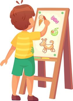 Little boy creating colorful drawings on an easel vector