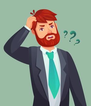 Businessman thinking with question marks and confused expression vector