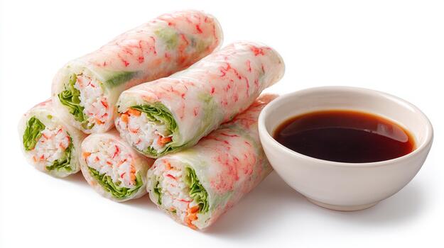 Crab Stick Salad Rolls with Dipping Sauce in Japan, Food Photography, Clean Background, Top View, Culinary Delight photo