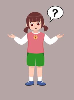 Cute little girl with a question mark speech bubble. Cartoon child showing curiosity or confusion. Ideal for education, learning concepts, tutorials, and kids illustrations. vector
