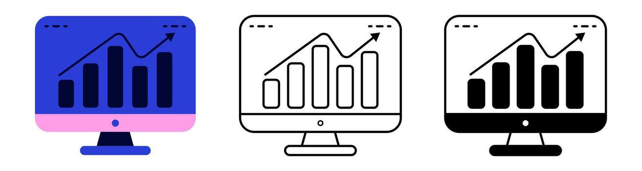 Flat illustration of a computer monitor showing graphs and statistics vector