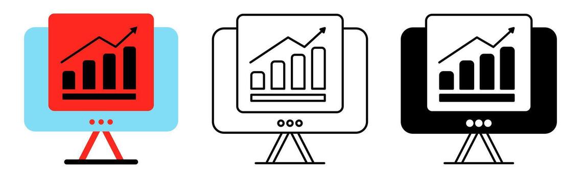 Modern flat illustration featuring a computer monitor presenting analytics and data visualization vector