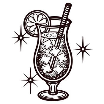 Retro sketch of a cocktail glass with ice cubes, straw, lemon slice, and decorative sparkles on transparent background vector