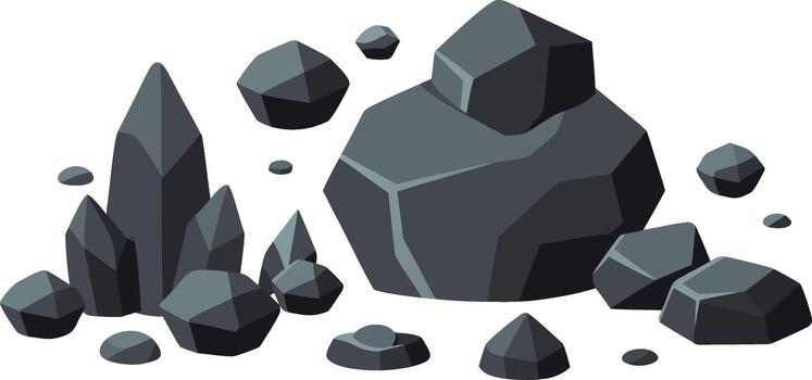 Stylized dark gray mineral rocks and stones of various geometric shapes, isolated on a clean background, ideal for mining or geology concepts vector