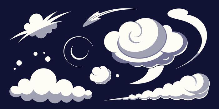 Stylized cartoon clouds and graphic elements set, including smoke, speed lines, and abstract weather icons for design projects. vector
