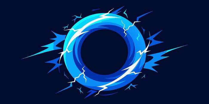 Dynamic blue circular energy portal illustration with electric lightning bolts and speed lines. modern digital abstract design element. vector