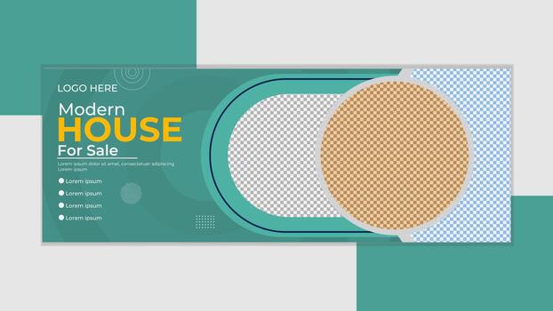 A modern house for sale advertisement banner design template with stylish typography, property images, and placeholders for text. vector