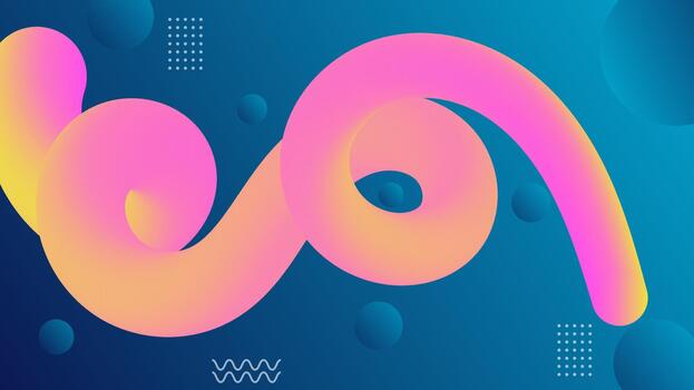 Abstract vibrant fluid gradient shape twisting and flowing dynamically against a deep blue background with floating geometric elements, modern design. vector