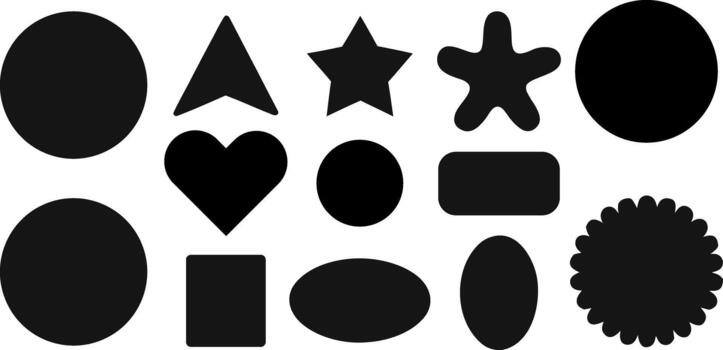 Collection of diverse black geometric and organic shapes, including circle, square, triangle, star, heart, and other abstract forms. vector