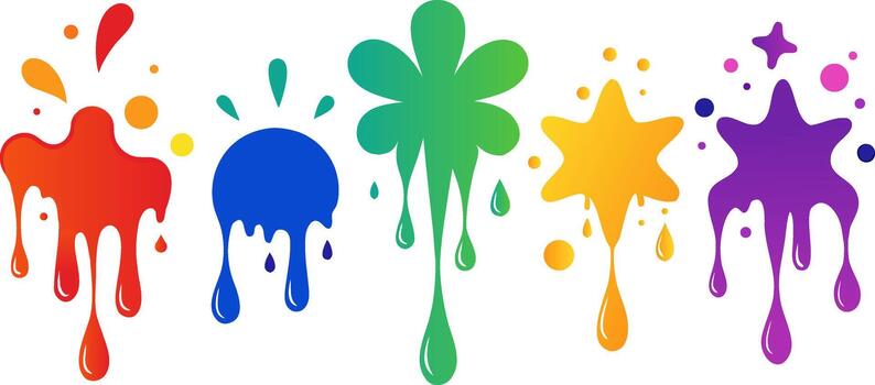 vibrante resumen pintar salpicaduras con líquido gotea en varios creativo formas me gusta estrellas, flores, y gotas en blanco antecedentes. vector