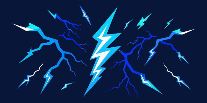 Stylized blue and white lightning bolts with branching electrical patterns, dynamic thunderbolt energy abstract background graphic illustration vector