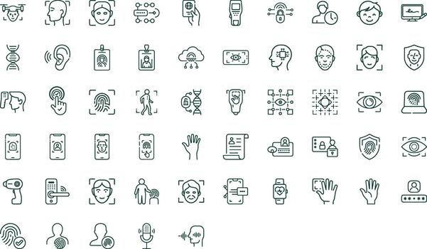 Collection Of Biometric Personal Data Related Icons Set Contains Biometric, Barcode, Face Verification, Fingerprint And More On An Isolated Transparent Background Modern Editable Thin Line Style vector