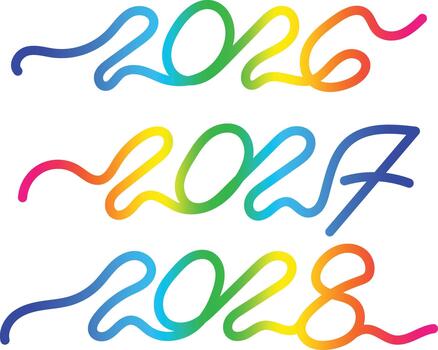 2026, 2027, 2028 New Year Continuous One Line Art Drawing. Gradient Outline Drawing Text Effect Numerical Design. Single Isolated Linear Color Art. vector