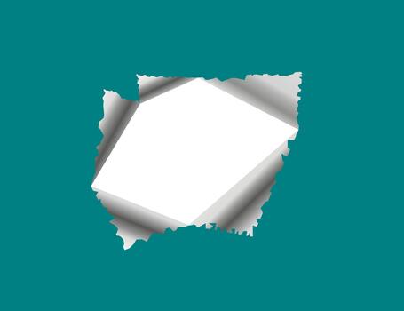 Torn Paper Reveal On Teal Background With White Inner Space And Shattered Edges. vector