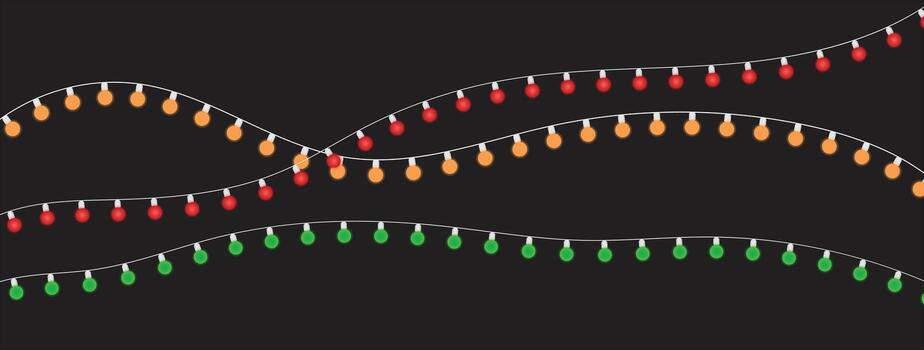Festive string lights in red, orange, and green on a dark background vector