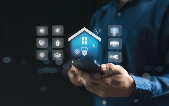 Smart home concept, remote control via mobile phone Wi-Fi via AI assistant robot, virtual home icon and menu concept on phone, blur bokeh background and soft tone. photo