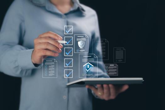 Business Account Auditing, Documentation Evaluation, Project Approval and Business Performance Review with Digital Forms. Businesswoman using laptop to fill in documents online and track performance. photo