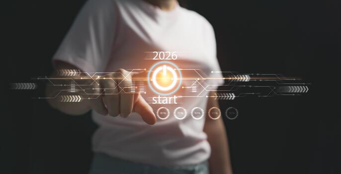 2026 Startup Concept, Power Button, Driving Business Systems to Focus on Success, Powerful Fingers Pointing to Touch Button, Command and Control at Fingertips, Hologram Virtual Icon photo