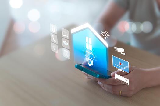 Smart home concept, remote control via mobile phone, Wi-Fi, AI assistant robot to control appliances and protect all connected systems in the home intelligently. Women use mobile phones to control. photo