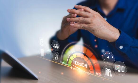 Reduce work tension to increase work efficiency and increase personnel potential. The pressure gauge graph is in the green zone, which is in a safe range. Soft tone and blurred icons photo