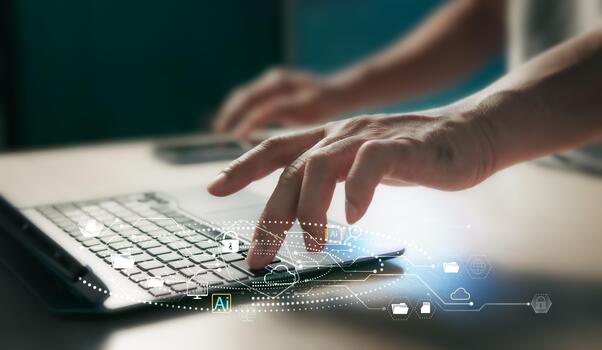 Close-up photo. Digital technology data network analysis concept. Experts use laptops to connect to cloud servers and AI technology to store big data with a secure internet connection. photo