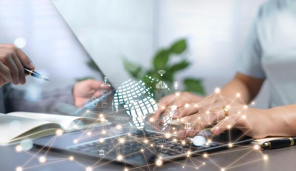 Wireless technology networks link data to each other. A world of borderless communication. Business people from all over the world can meet through laptop devices as if they were in the same office. photo