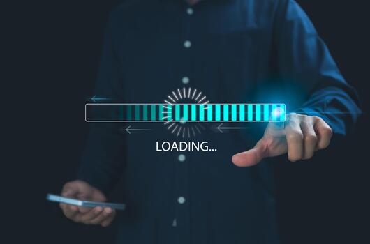 Businessman downloads important data files via mobile phone. Access in secure area. Cyber-sophisticated technology and identity verification. Recovering damaged document files. photo