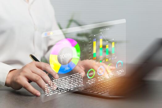 A woman analyzes charts and graphs in strategic business and finance investments, predicts market fluctuations using artificial intelligence technology coupled with processing to help summarize data. photo