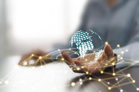 Global Internet connectivity technology, wireless networks connecting business data, borderless communication, online social media marketing, and IT experts analyzing the performance of modern servers photo