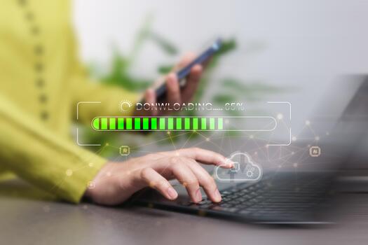 Downloading concept, network access to connect laptop devices, cloud technology, secure data transfer, business woman using phone and computer to communicate, using motion blur effect. photo