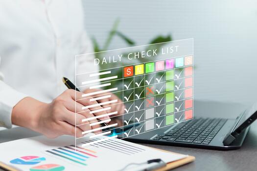 Daily checklist, checkbox control schedule, effective activity management concept to assess and plan follow-up on tasks by topic throughout the month, from Monday to Sunday. office businesswoman photo