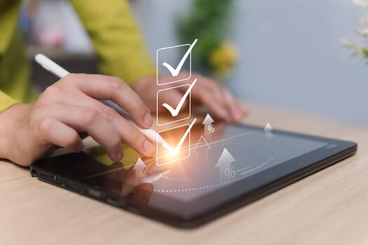 Data analysis concept, document management review, quality assurance, audit including project approval, electronic document for acceptance of terms and conditions, businesswoman checking the checkbox. photo