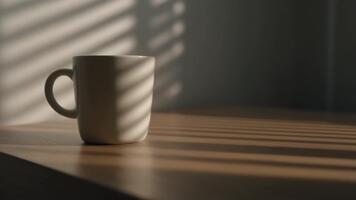 morgon- ljus strömning genom persienner gjutning mild skuggor över en råna på en skrivbord skapande en lugna fredlig atmosfär i en värma minimalistisk miljö video