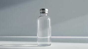 elegant klar glas flaska med en polerad silver- keps roterande långsamt under mjuk ljus avslöjande raffinerad genomskinlighet slät konturer och en rena modern estetisk med subtil reflektioner video