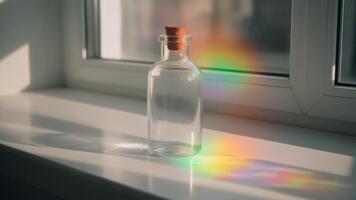 Sunlight refracting through a clear glass bottle on a windowsill creating a vibrant rainbow spectrum with gentle colors soft reflections and a calm uplifting atmosphere video