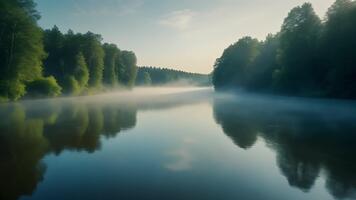 lugn flod lindning genom en frodig grön skog täckt i mjuk eterisk dimma, skapande en fredlig och lugnande naturlig atmosfär med mild rörelse och uppslukande lugn video