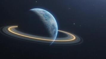 Stunning rotating planet surrounded by glowing ring light trails set against the deep blackness of space, creating a dramatic cosmic atmosphere ideal for futuristic and sci-fi visuals video