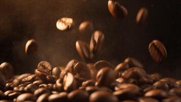 dynamisk kaffe bönor cascading i slät långsam rörelse, highlighting värma aromatisk rikedom och inbjudande friskhet med en fängslande visuell humör den där förstärker några kulinariska atmosfär video