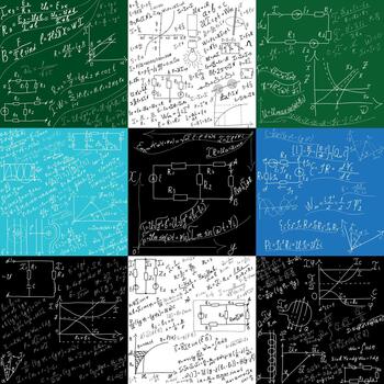 A collection of mathematical equations and formulas on a blackboard. A set of hand-drawn diagrams and graphs on white, black, green backgrounds. vector
