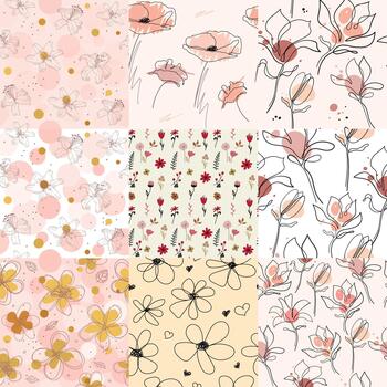 A set of simple seamless floral patterns. A collection of poppies, magnolia, and tulips. Sketchy flat design. A botanical collage vector