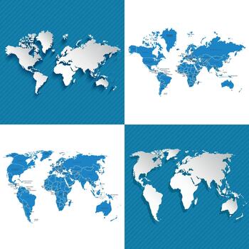 A collection of political paper maps of the world. A set of blue outline maps. vector